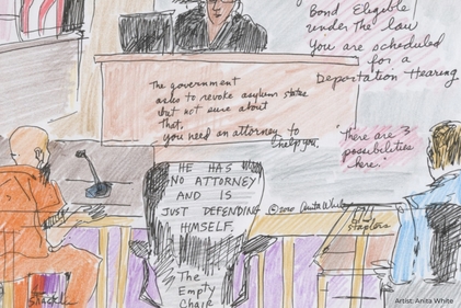 [ai] A courtroom scene illustrating a judge speaking, with a man in an orange jumpsuit sitting next to a chair labeled 'The Empty Chair.' The courtroom environment includes handwritten notes about deportation hearings and legal representation.